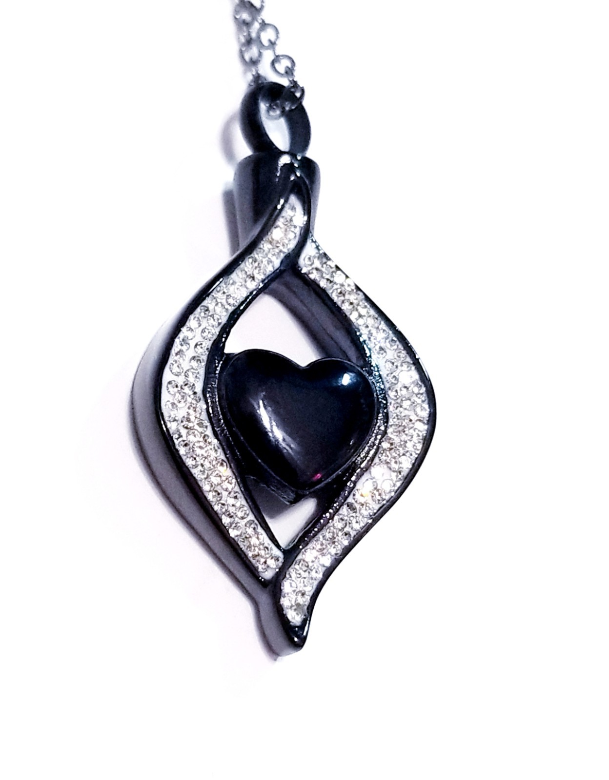 Black Urn Cremation Memorial Necklace Heart Crystal Pendant for Ashes