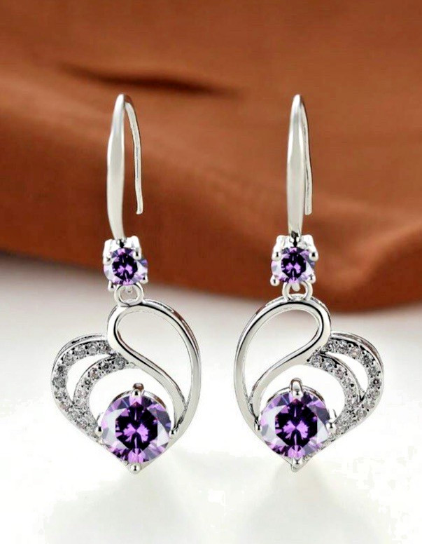 Beautiful Heart Hook Purple Earrings Made With Swarovski Crystal