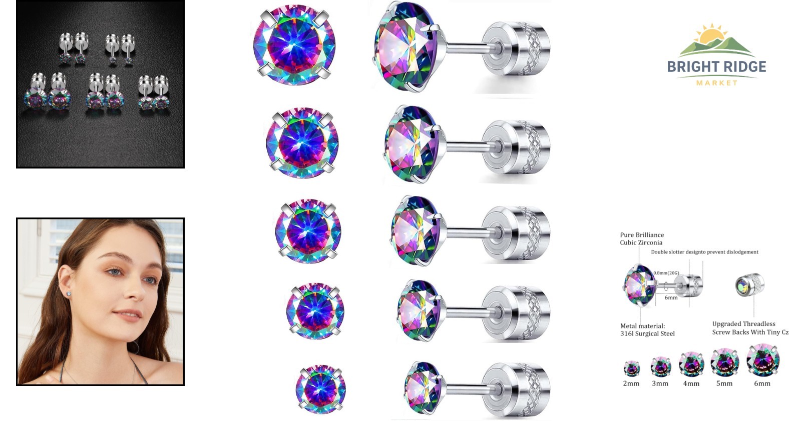 5 Pairs Titanium Screw Back Stud Earrings with Colorful Cubic Zirconia Inlay