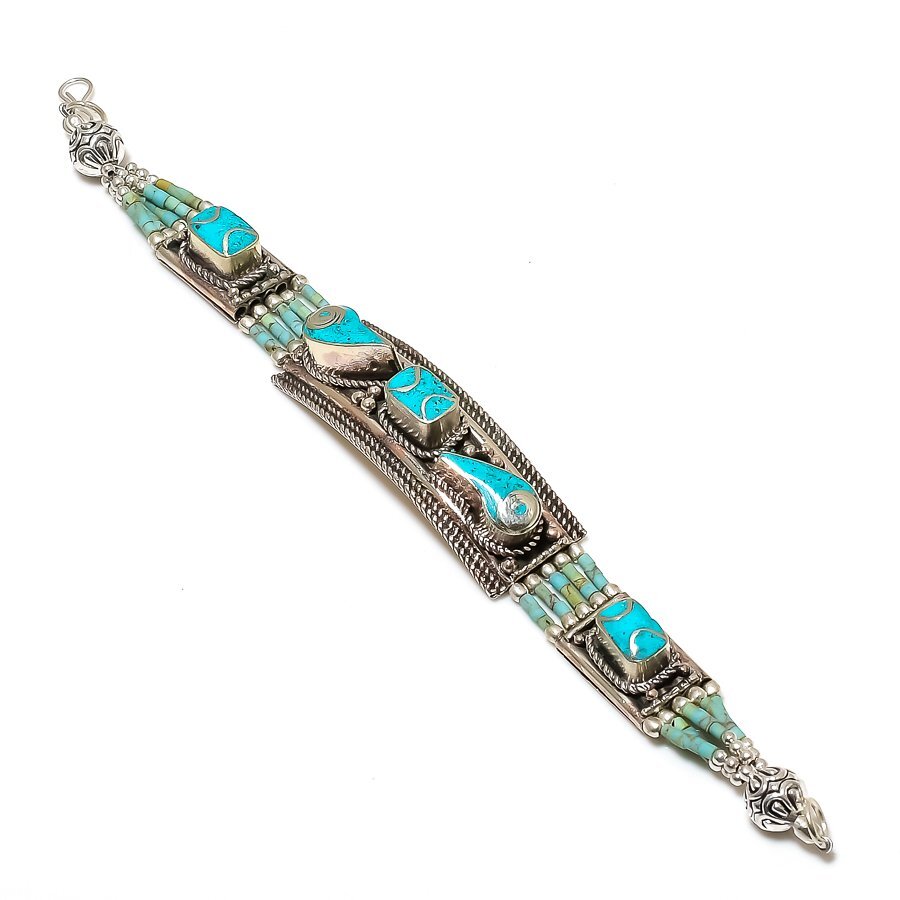 Turquoise Gemstone Bracelet Tibetan Silver Bohemian Nepali Jewelry 7″ NBB 3235