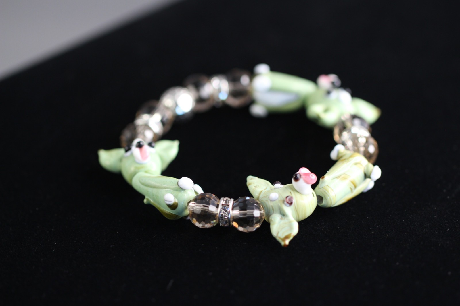 Dog Bracelet Green Lampwork 6.5″ inch Elastic Glass Beads Brown Crystal Ball