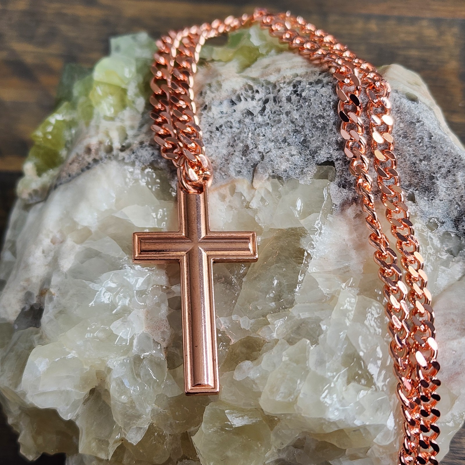 Pure Copper Cross Necklace Cuban Link 5mm, 20″ Chain, therapy Pendant