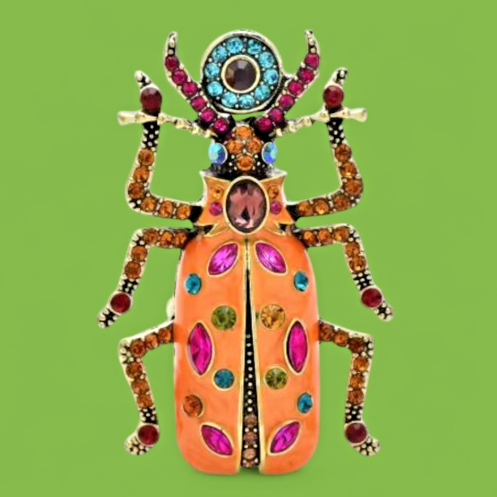 LARGE BEETLE & EVIL EYE BROOCH psychedelic trippy insect nazar crystal pin O6