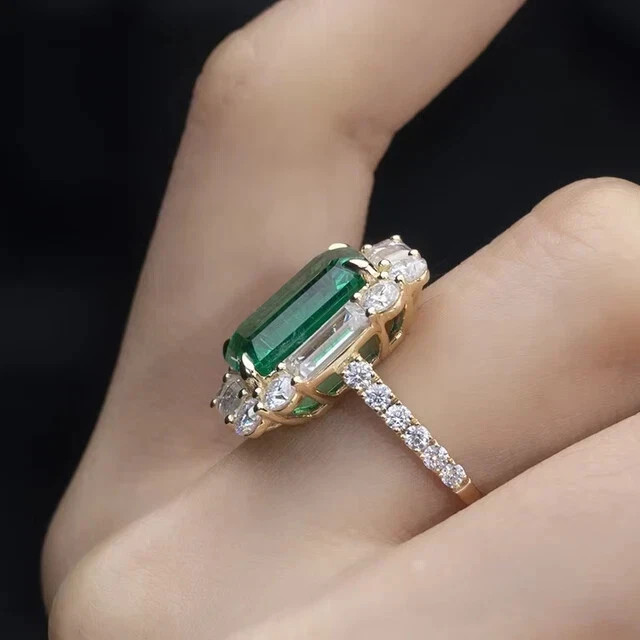Simulated Emerald 3.20Ct Emerald Cut Halo Engagement Ring 14K Yellow Gold Plated