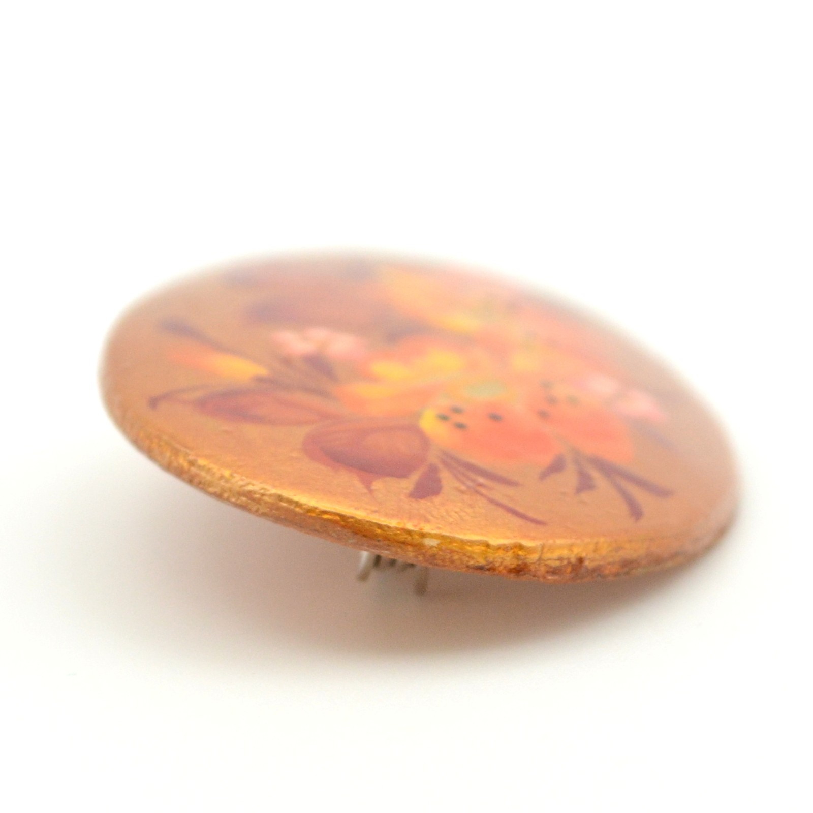 Hand Painted Wood Floral Brooch Pin Signed Solodova 2004 Oval Russian Style