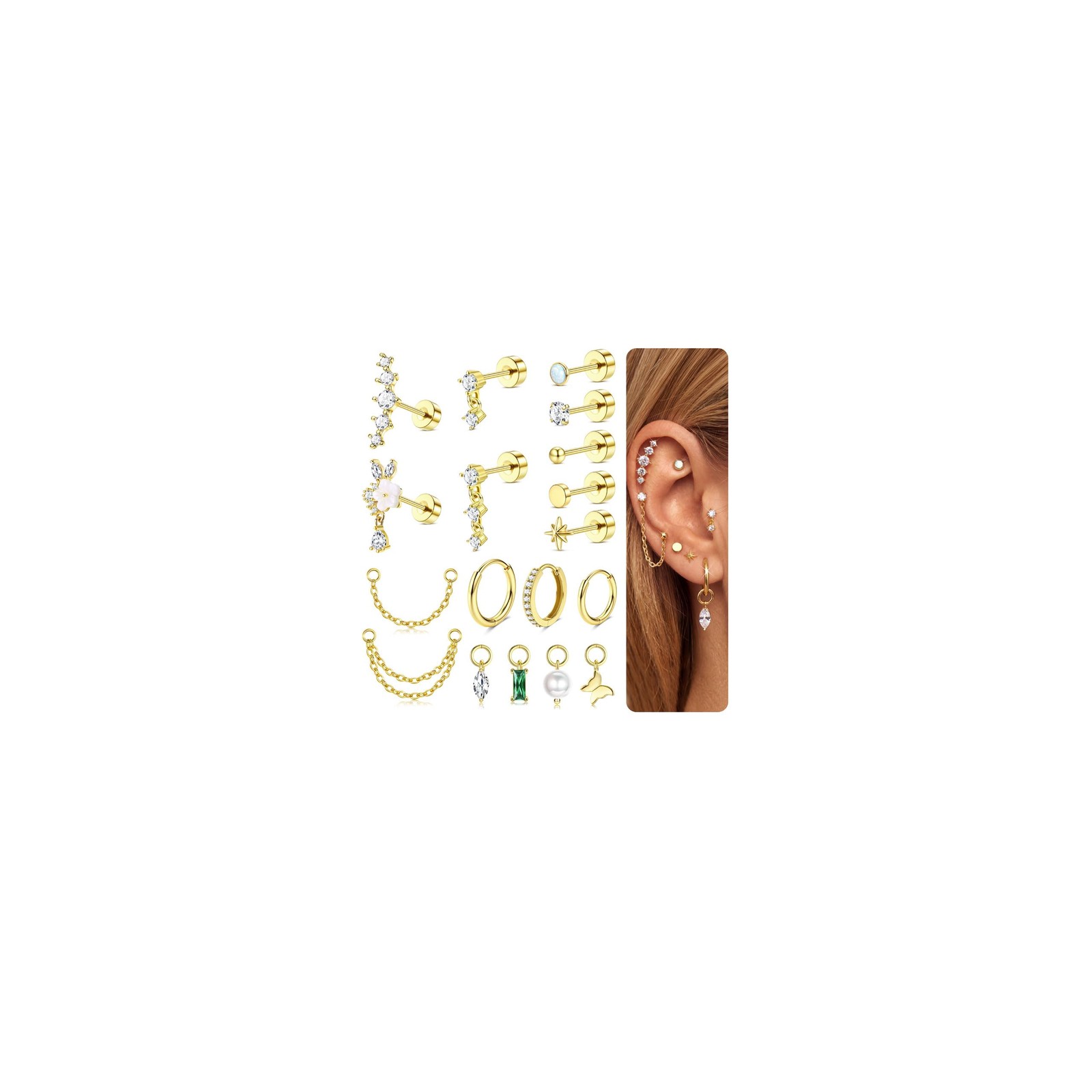 16G Cartilage Earrings for Women 14K Gold Plated Flat Back Earrings Hypoalle…