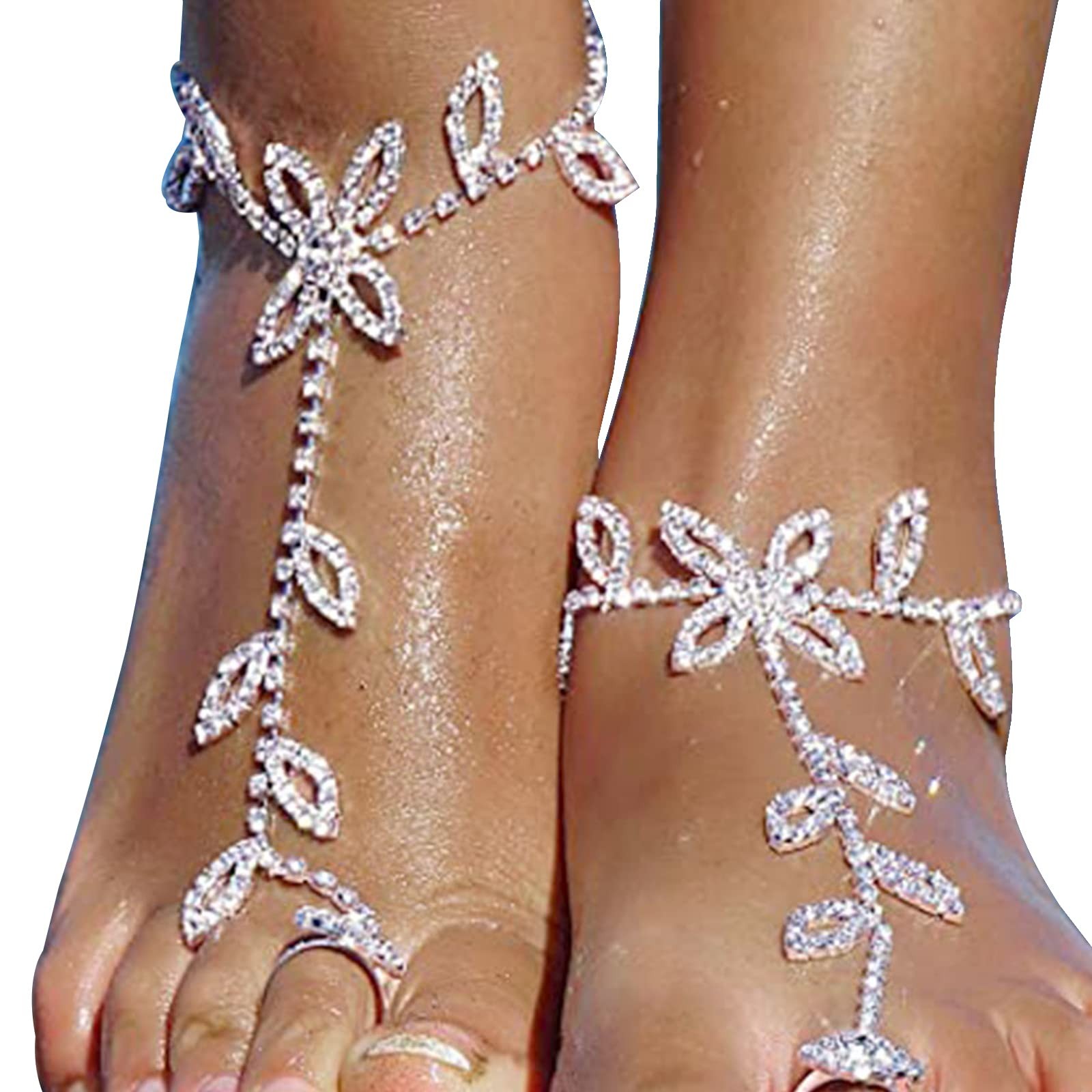 Riymusry 1Pair Summer Beach Rhinestone Leaf Barefoot Sandals Foot Chain with …