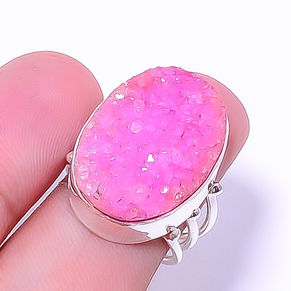 Pink Quartz Drusy 925 Sterling Silver Ring S.6.5 R38015727, Christmas Gift