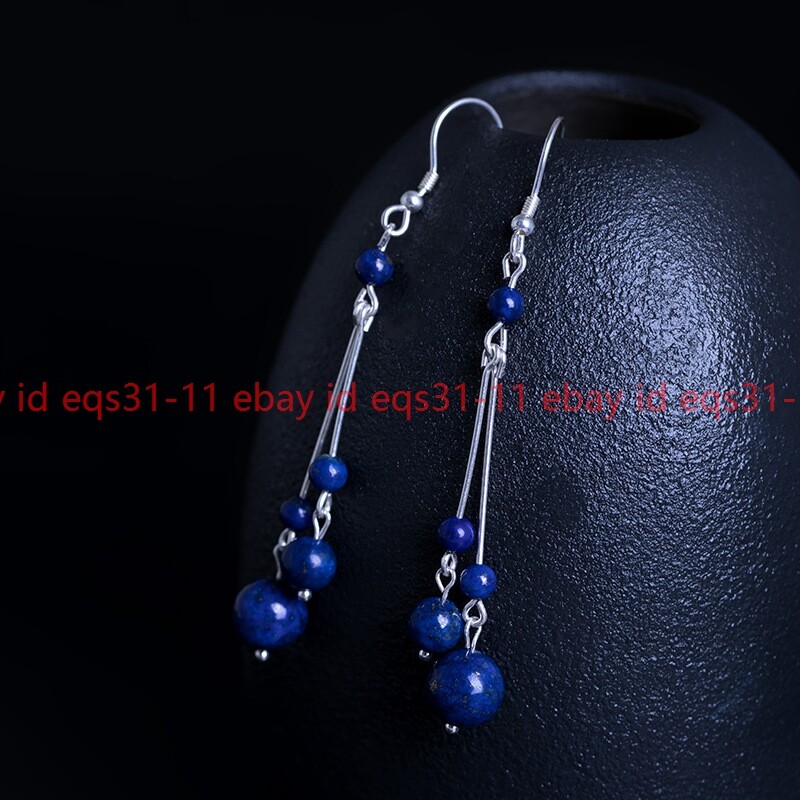 4-6-10mm Natural Lapis Lazuli Round Gems Beads Dangle Silver Hook Earrings