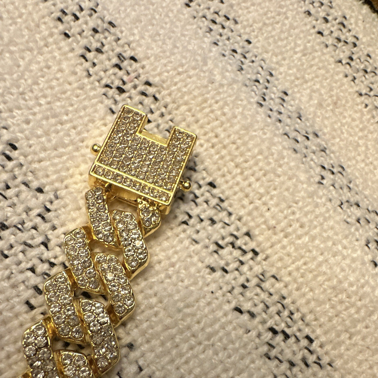 Gold Tone Cuban Link Chain Bracelet with Pavé Setting and Box Clasp Closure