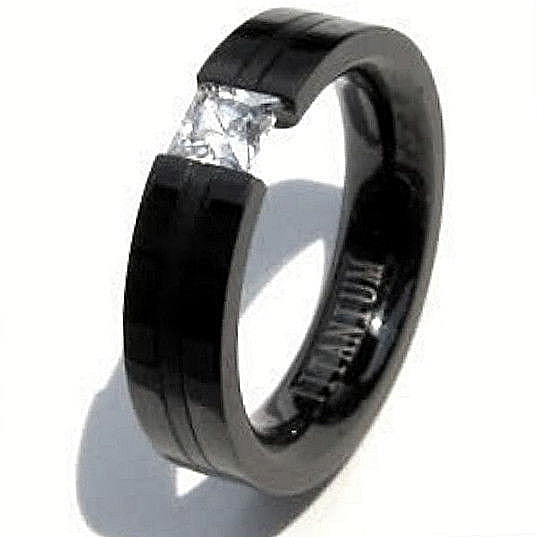 Black Plated TITANIUM TENSION Solitaire RING with 4mm CZ and ACCENT, size 7