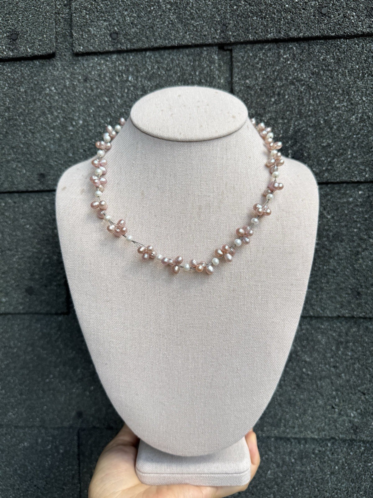 ⁠Pink FreshwaterPearl Floating Wire Choker Cluster MultiStrand Illusion Necklace