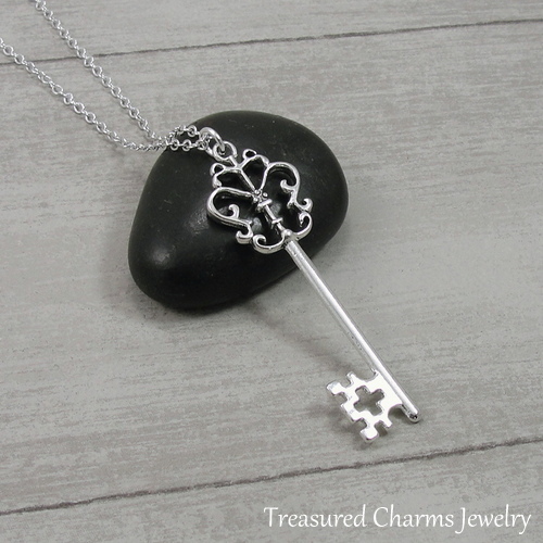 Silver Ornate Key Pendant Necklace – Fancy Skeleton Key Jewelry NEW