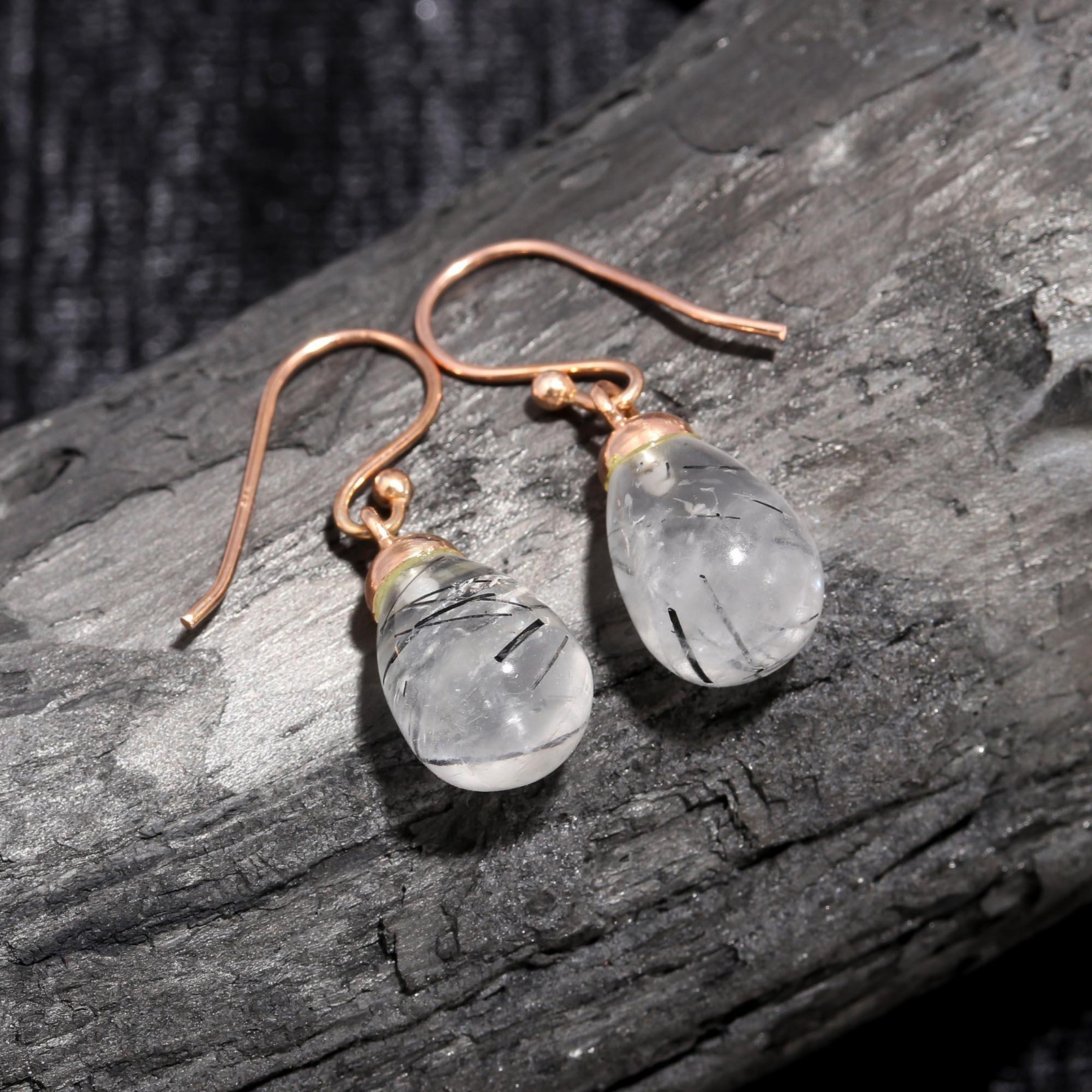 Natural Black Rutile Teardrop Dangle Earring Rose Gold Fill Solid Silver Jewelry