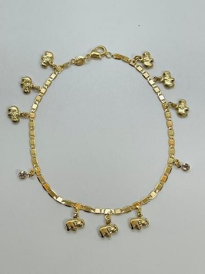 14K GOLD PLATED 10″ ANKLET W/ 9 ELEPHANT & 2 WHITE CRYSTAL CHARMS DANGLING SA13