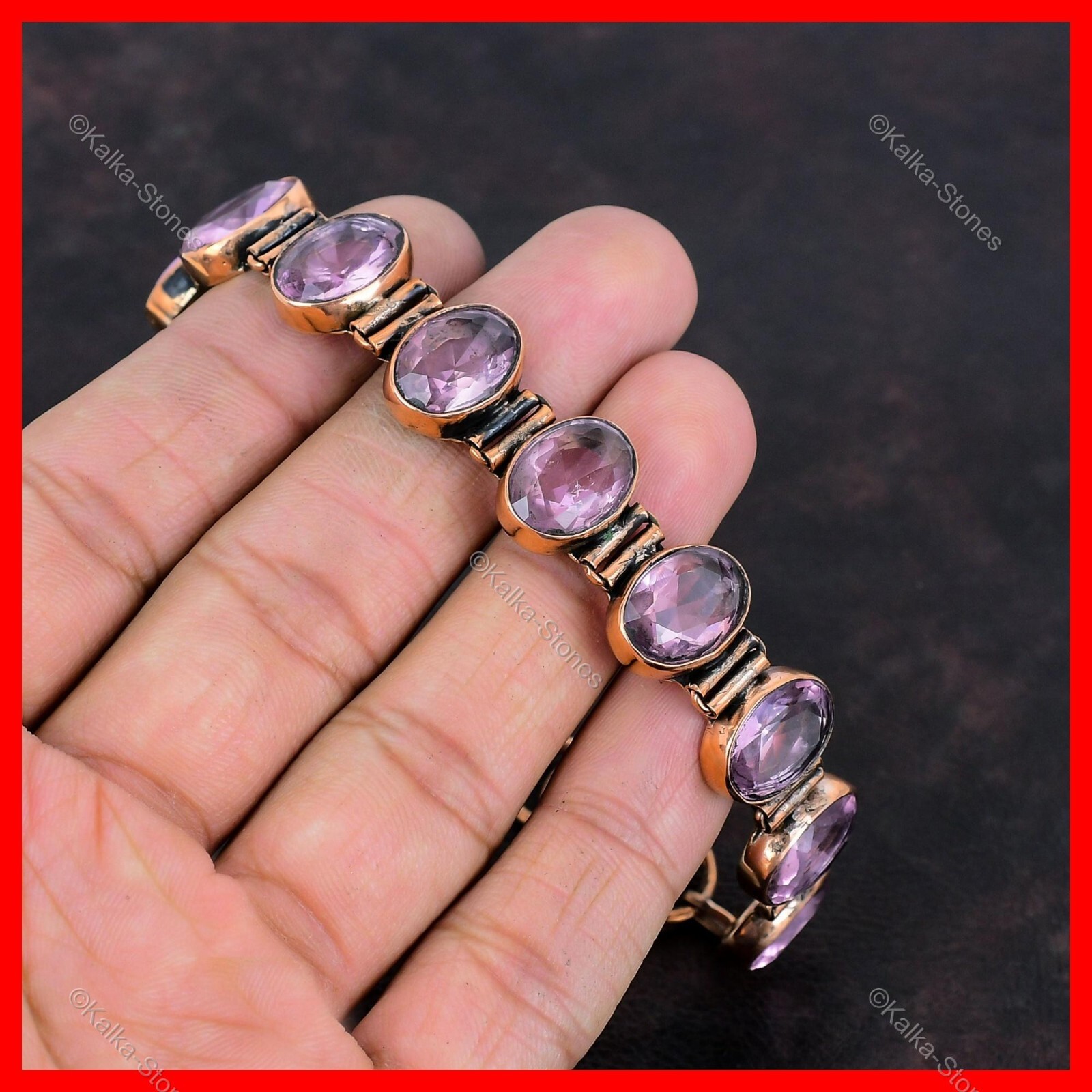 Pink Kunzite Stone Copper Bezel Birthday Anniversary Wedding Bracelet Jewelry
