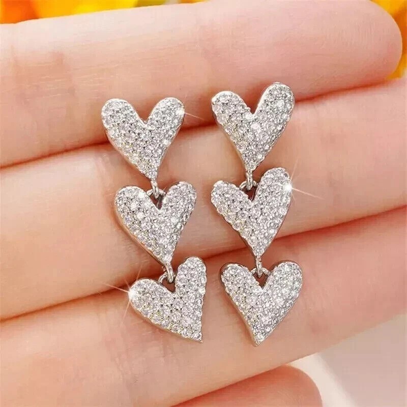 3Ct Round Cut Simulated Diamond Triple Heart Drop Earrings 14k White Gold Plated