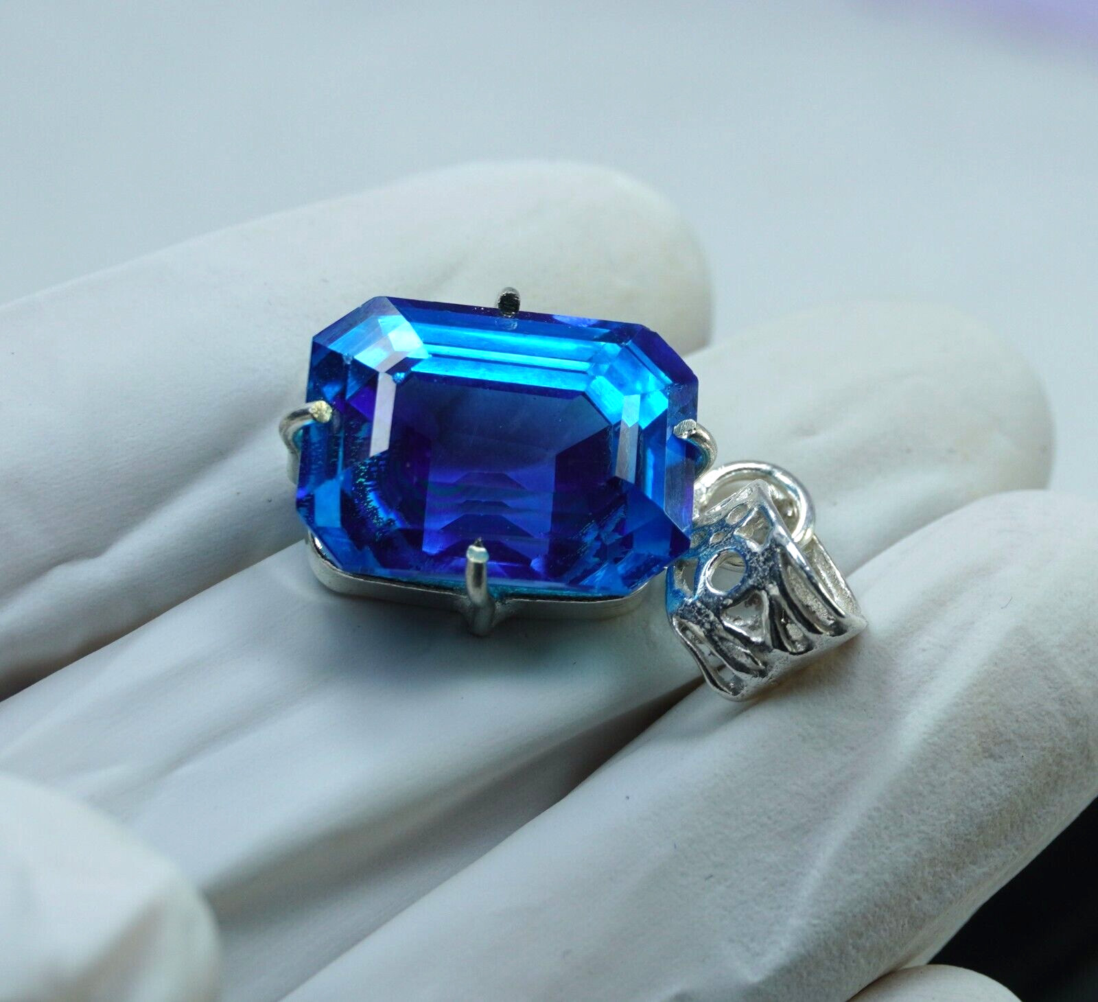 Emerald Cut 35 Ct Natural Pitambari Sapphire 925 Sterling Silver Pendant