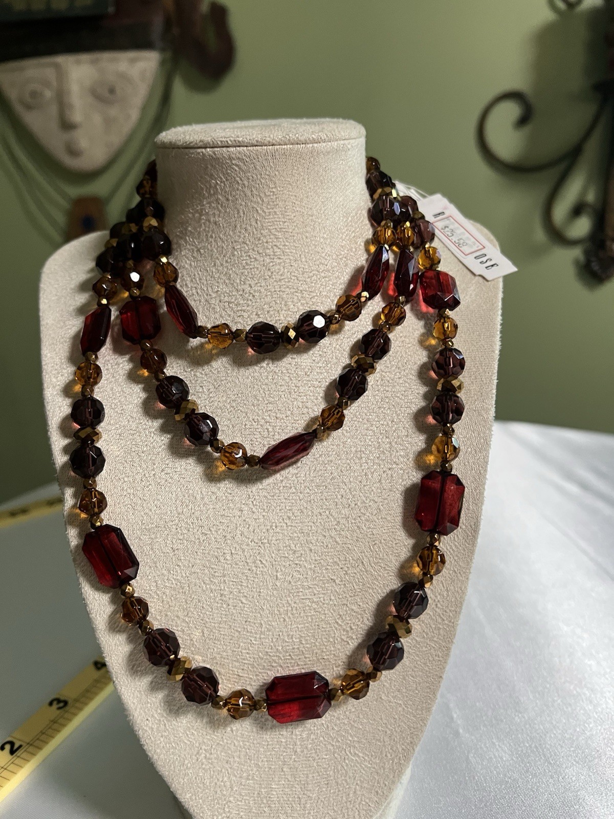 Multi Strand Statement Necklace Autumn Burgundy Amber Faceted Beaded 3 Tier NWT