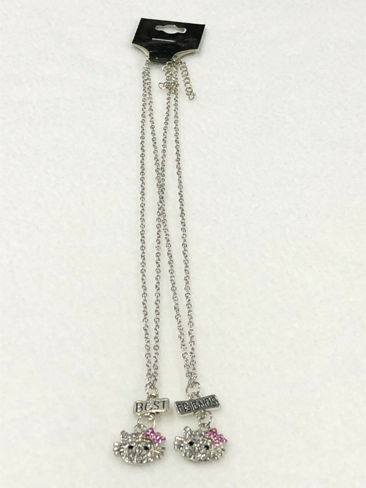 BEST FRIEND Pink & Clear Rhinestone Kitty 2 Pendants Necklace BFF Friendship Cat