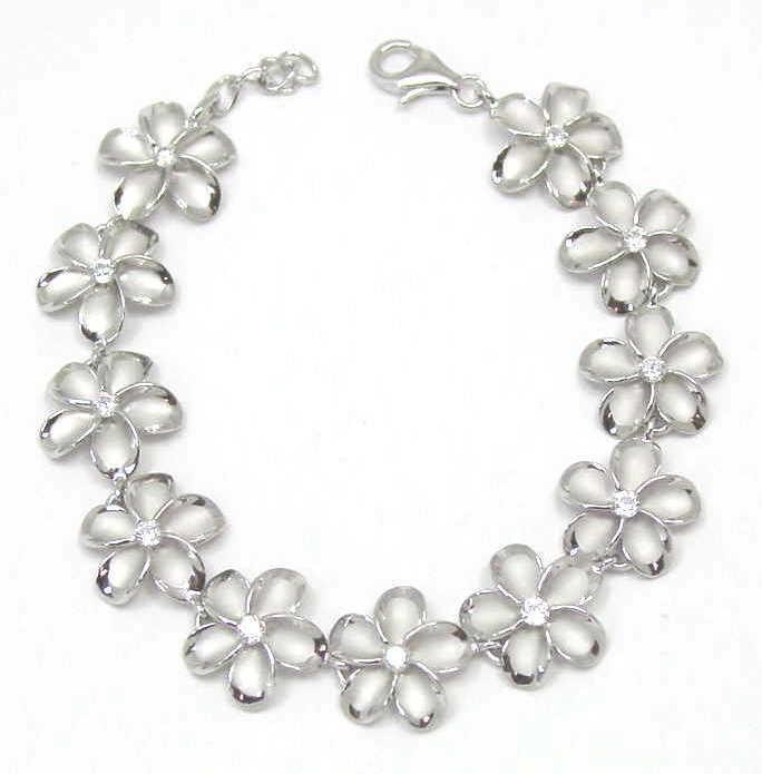15MM STERLING SILVER 925 HAWAIIAN PLUMERIA FLOWER LINK BRACELET RHODIUM 7 INCH