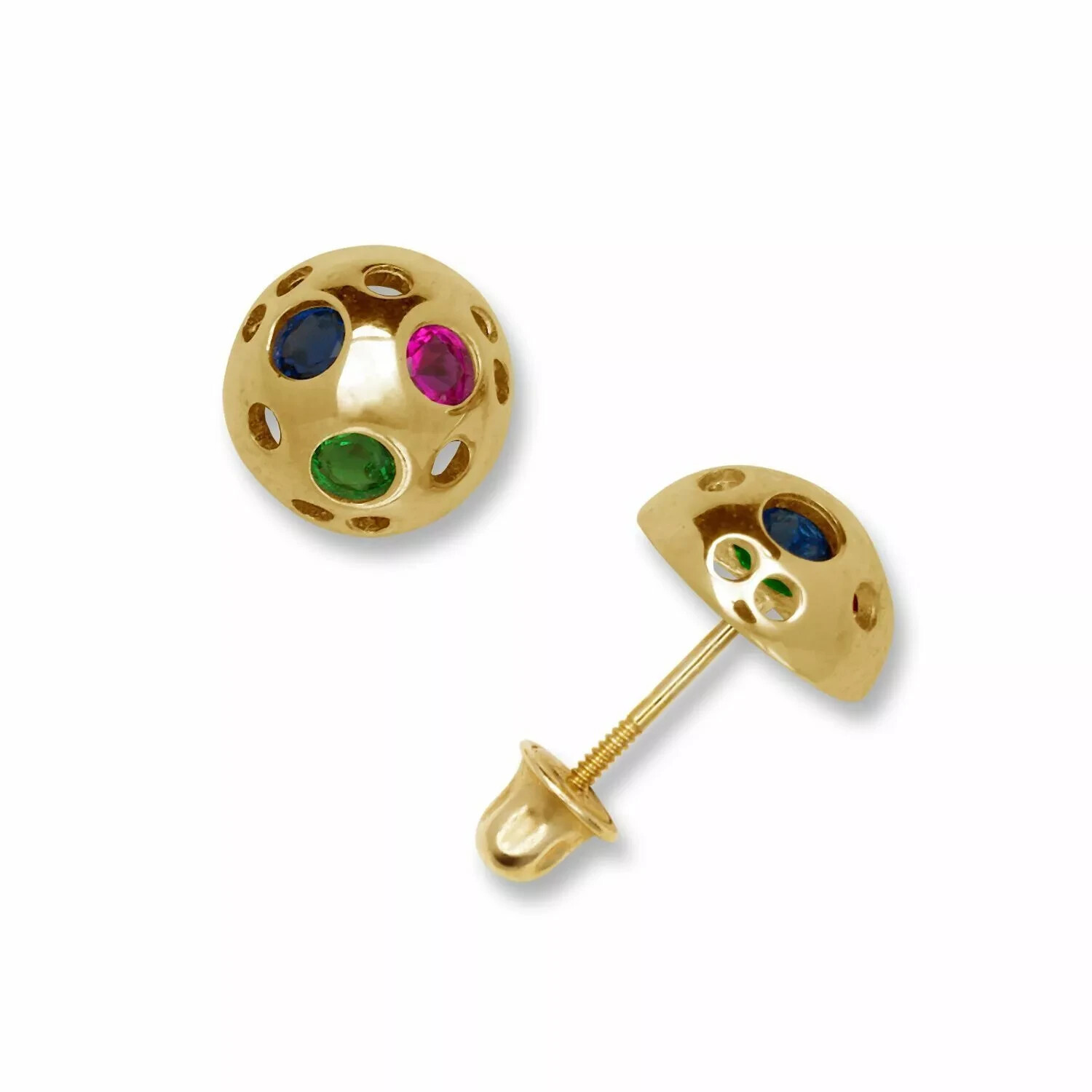 14K Solid Gold Half Ball Shaped Screw Back Stud Earrings Ruby Emerald & Sapphire