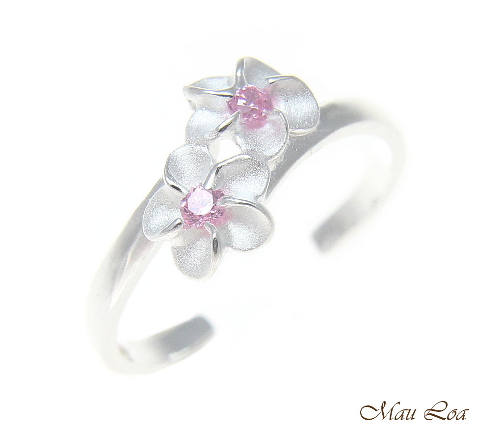 925 Sterling Silver Hawaiian Double Plumeria Flower Pink CZ Open Toe Ring