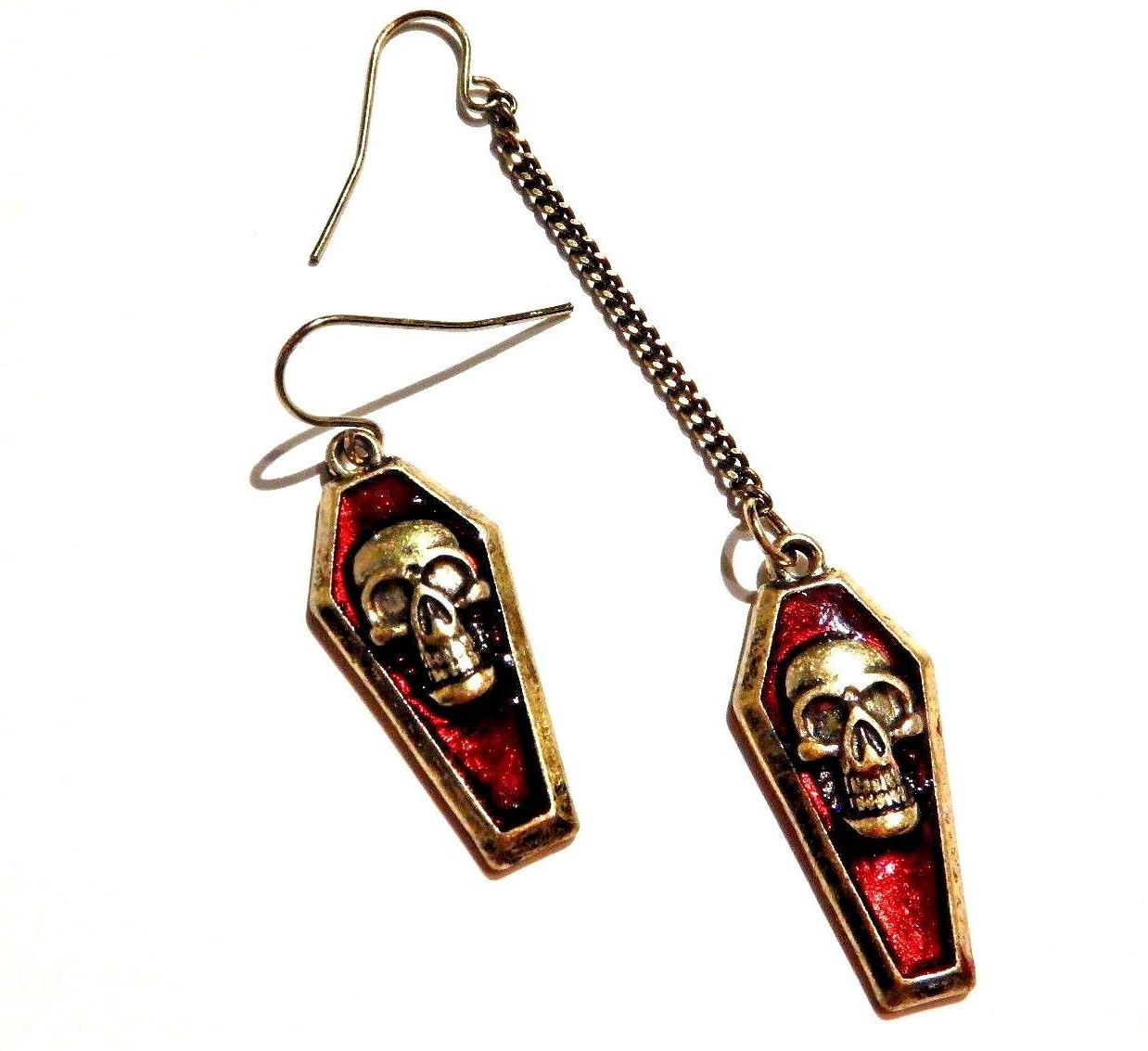 ASYMMETRIC HYPOALLERGENIC BRONZE COFFIN EARRINGS skull red gothic halloween F6