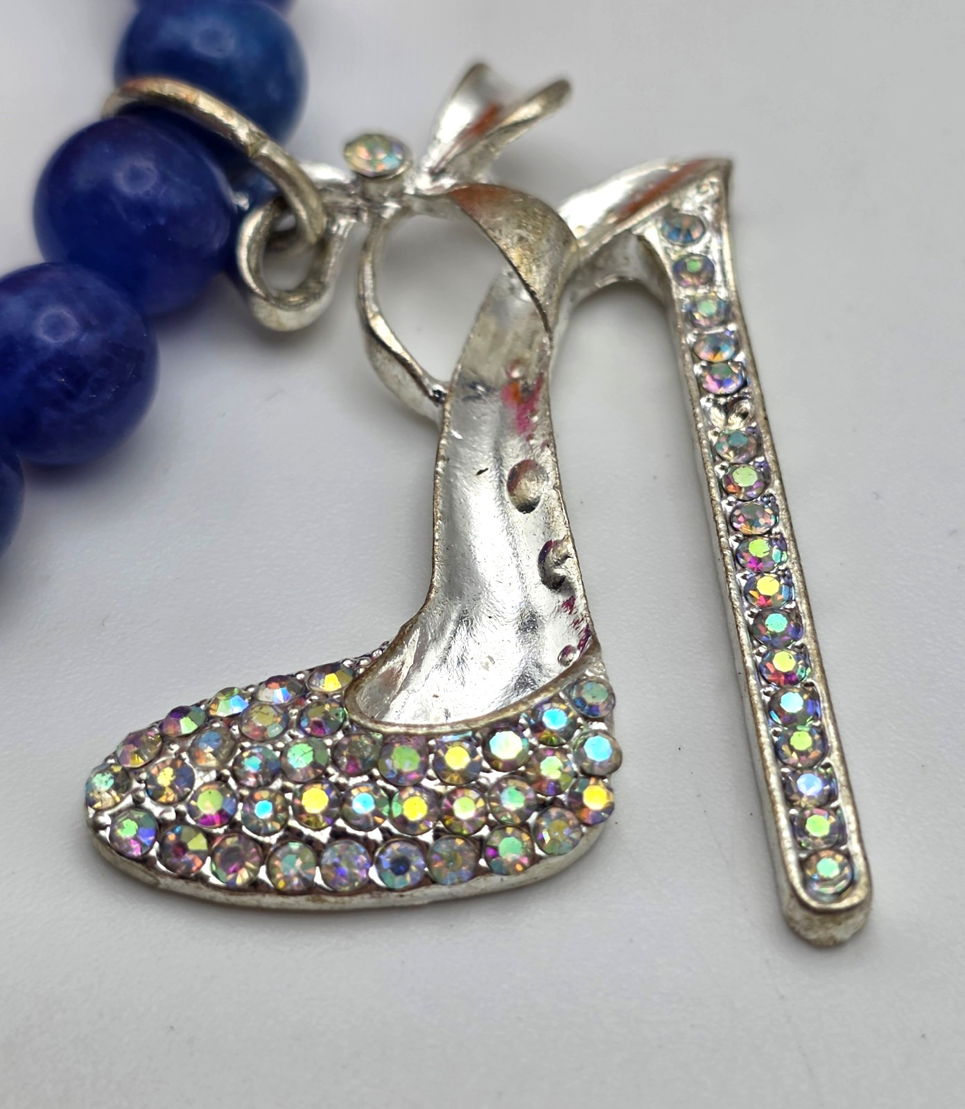 Natural Blue Stone Beaded Stretch Bracelet AB Crystal Pump Shoe Charm 6 In