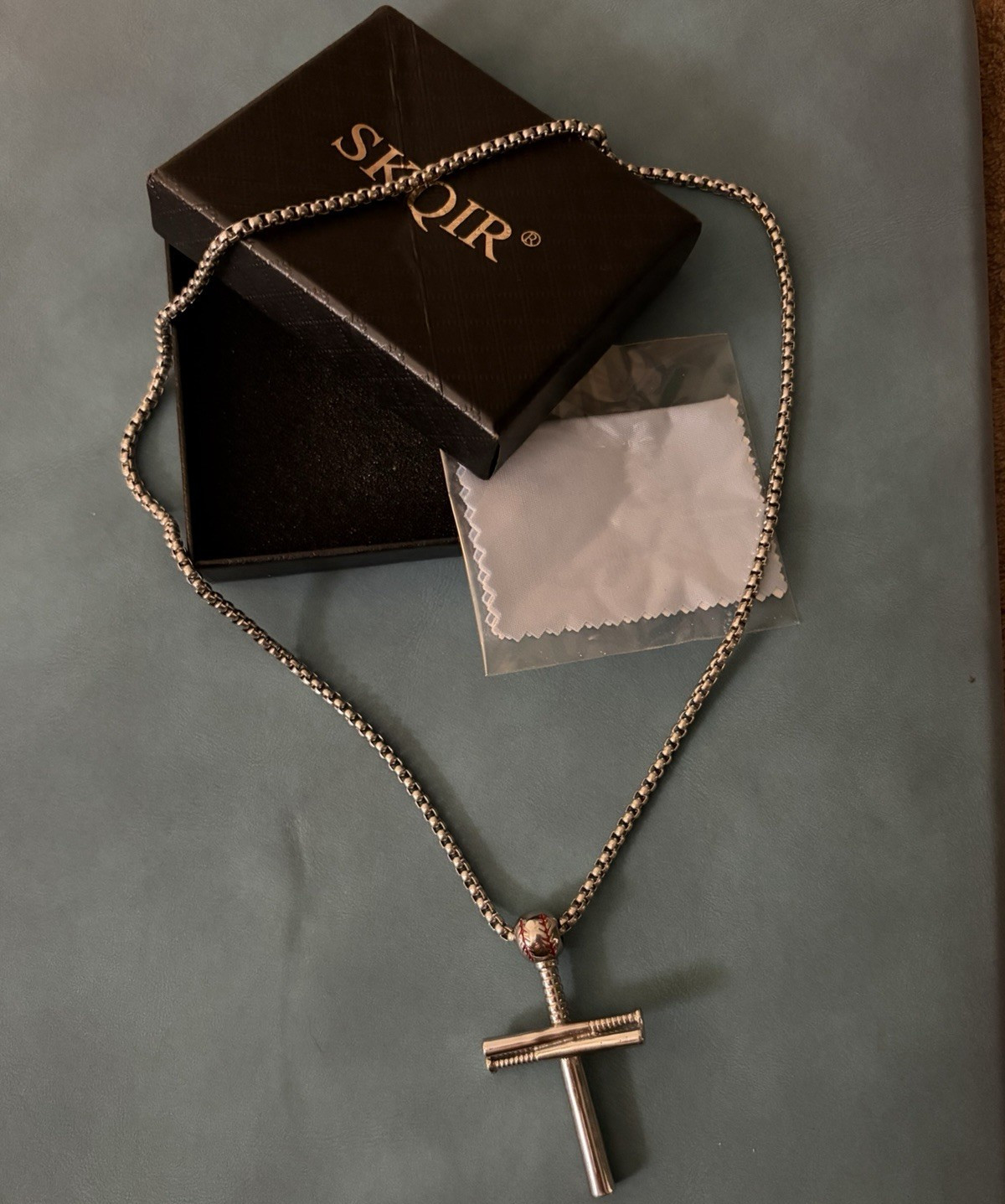 SKOIR Gold Tone Engraved Cross Pendant Necklace baseball theme Religious Signed