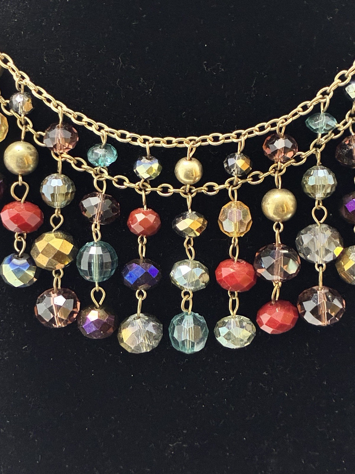 Jules Signed Gold Tone Layered Statement Necklace Multicolor Glass Beads Adj