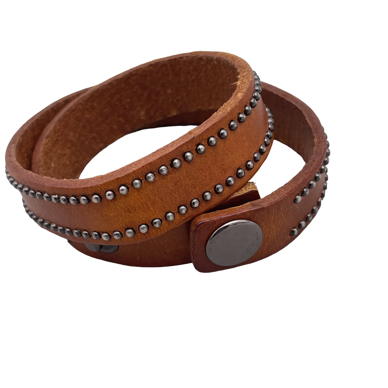 Yik Fung Wrap Leather Studded Detail Bracelet Snap Closure Brown 15.5 Inches