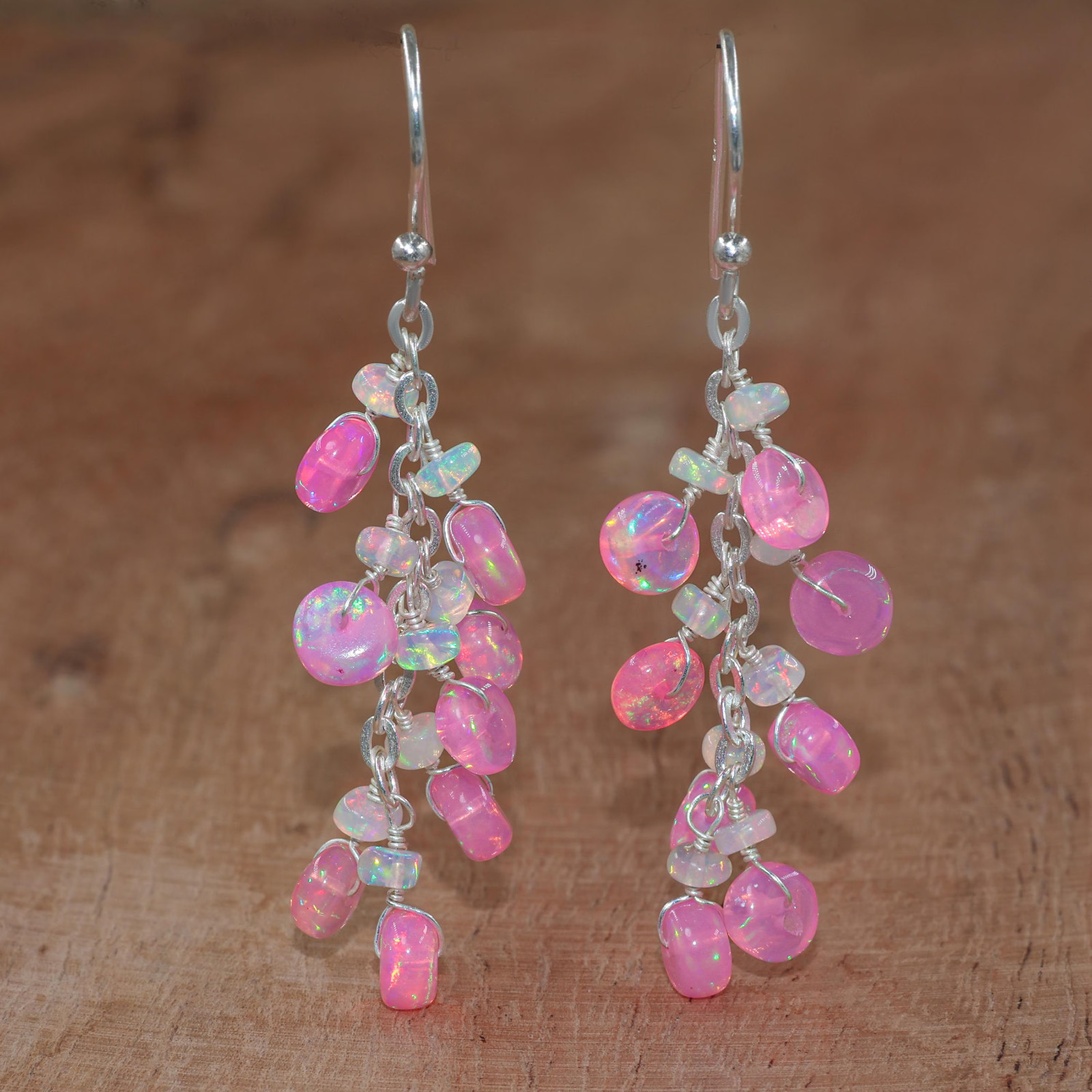 Natural Pink and White Opal Gemstone Cluster Earring, Fire Opal Round Beads