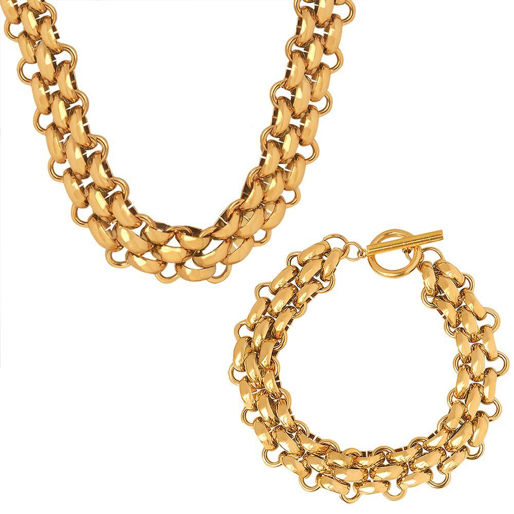 Woman 18k Gold Plated Stainless Steel Wide Thick Link Chain Toggle Bracelet