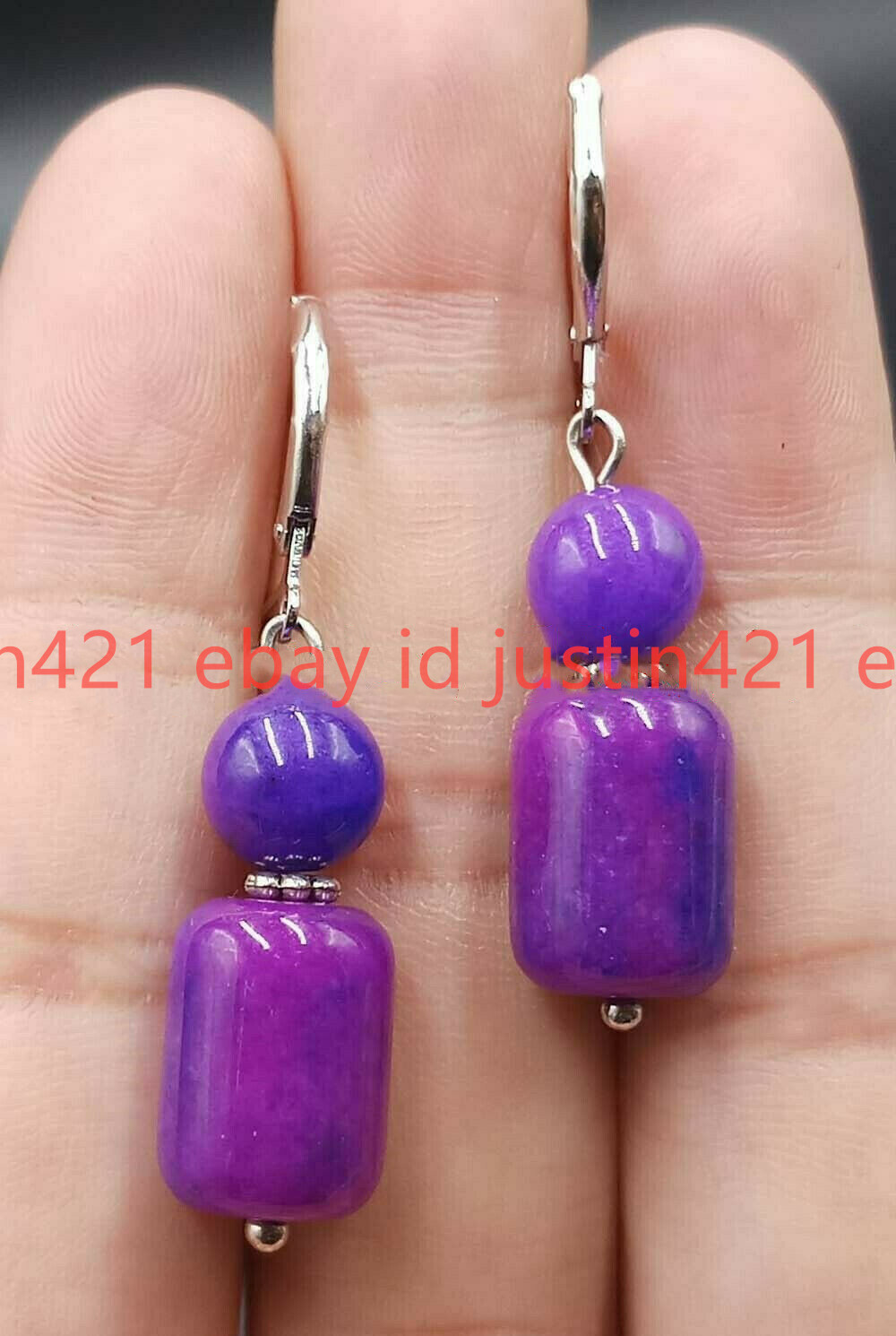 Natural 10x14mm & 10mm Purple Sugilite Gemstone Beads Silver Hook Earrings