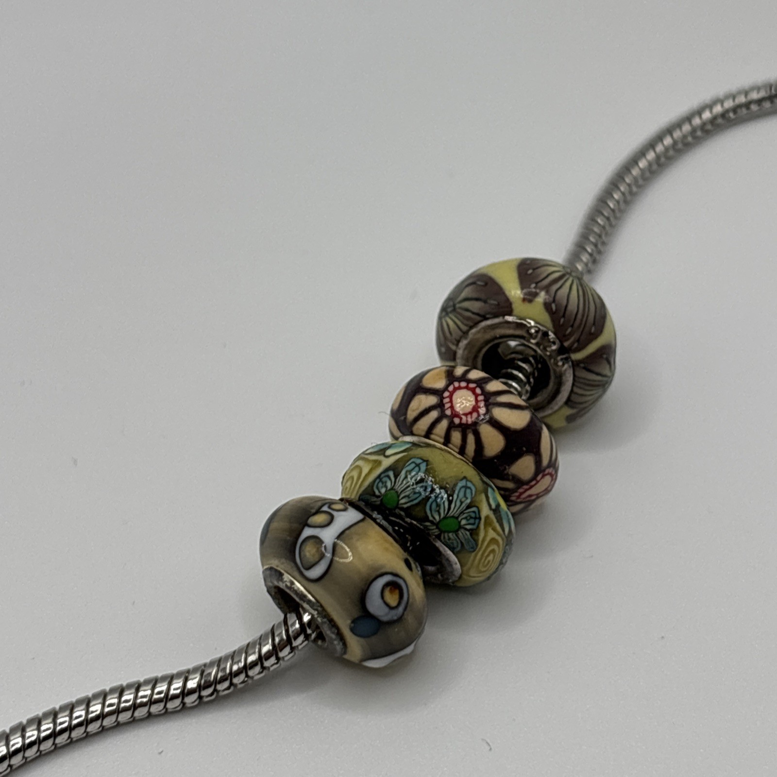 Sterling 925 Polymer Clay Beads Charm Mixed Art Design Floral Circles Lot Of 4
