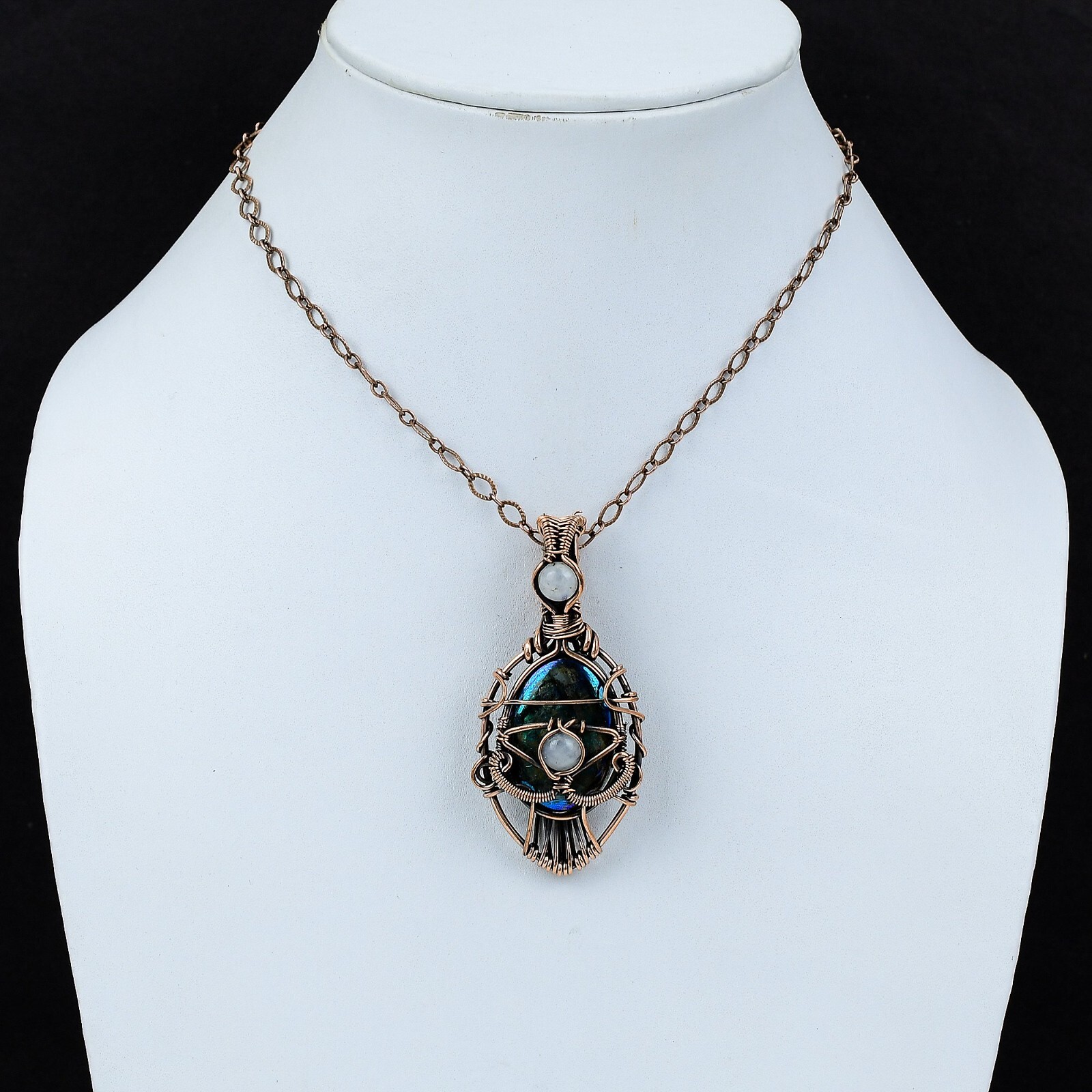 Mystic Fire Labradorite Copper Gift For Love Wire Wrapped Evil Eye Pendant 2.6″