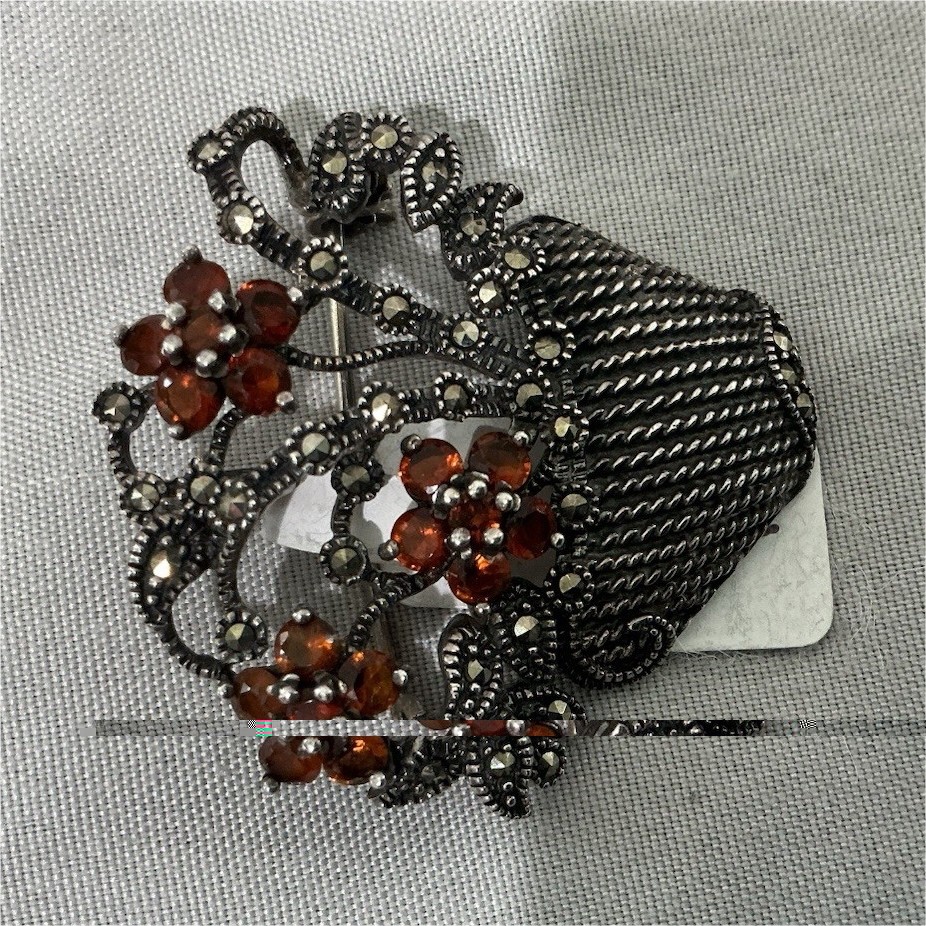 Stering Silver Tone Basket Brooch Pin, Brown Round Rhinestone Cluster