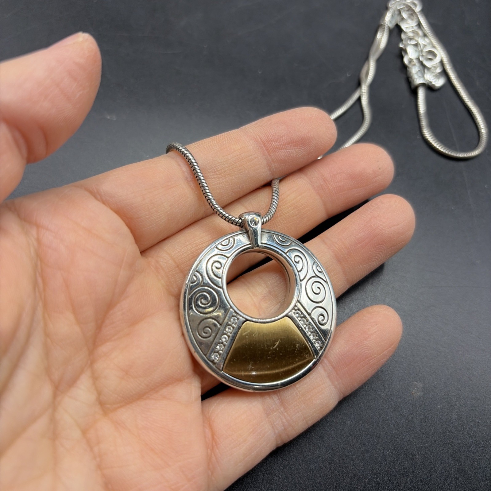 Brighton Shadow Play Reversible Pendant Necklace Silver/Gold Black Enamel 16-18”