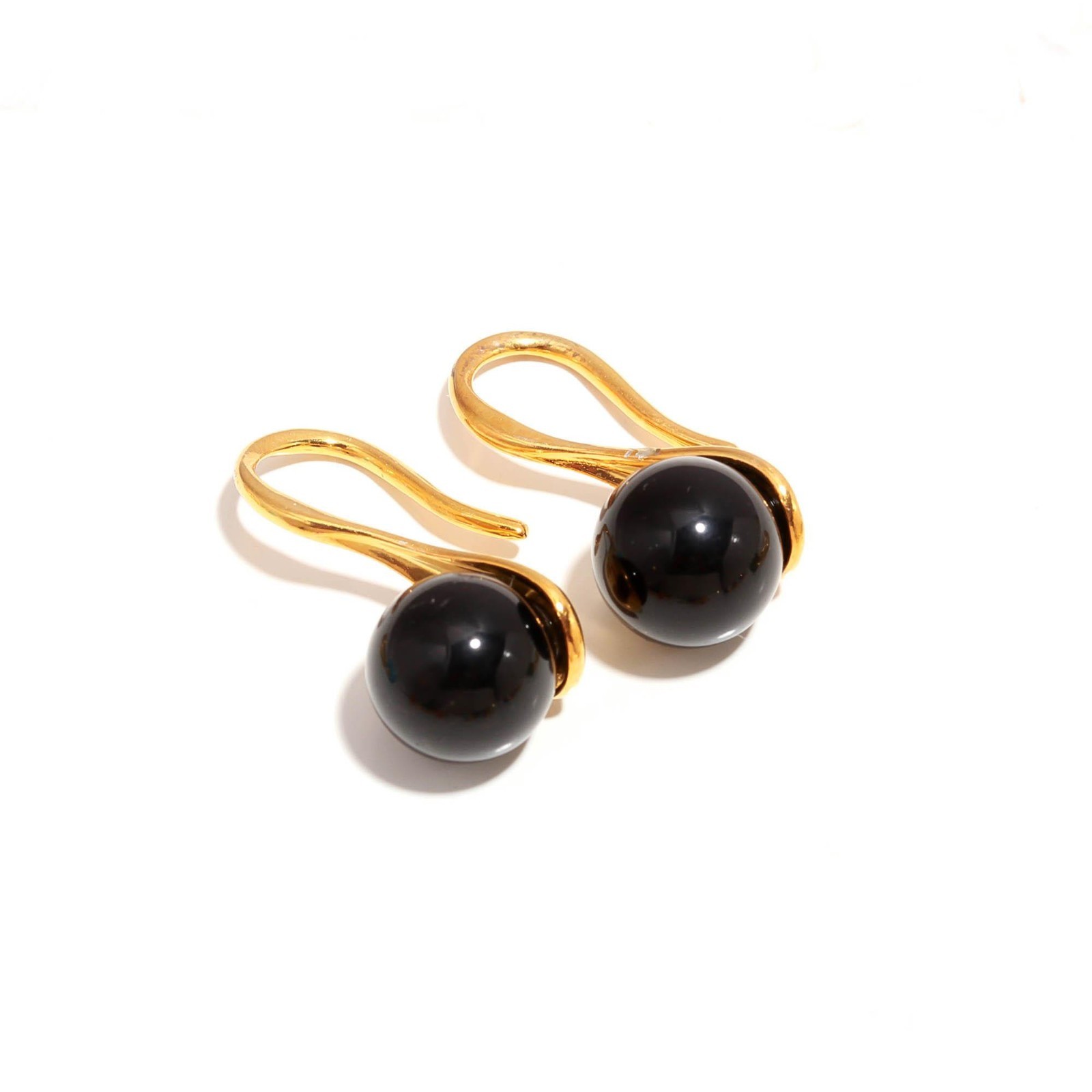 Natural Black Onyx Ball Dangle Earrings Gold Plated 925 Sterling Silver Jewelry