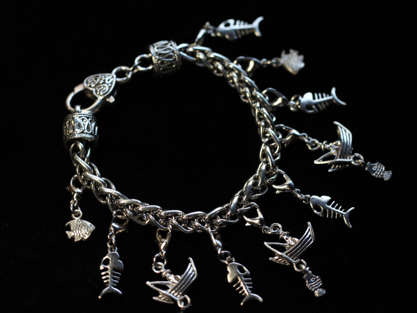Fishing Theme Charm Bracelet Silver Pewter Charms 8″ Interchangeable Fisherman