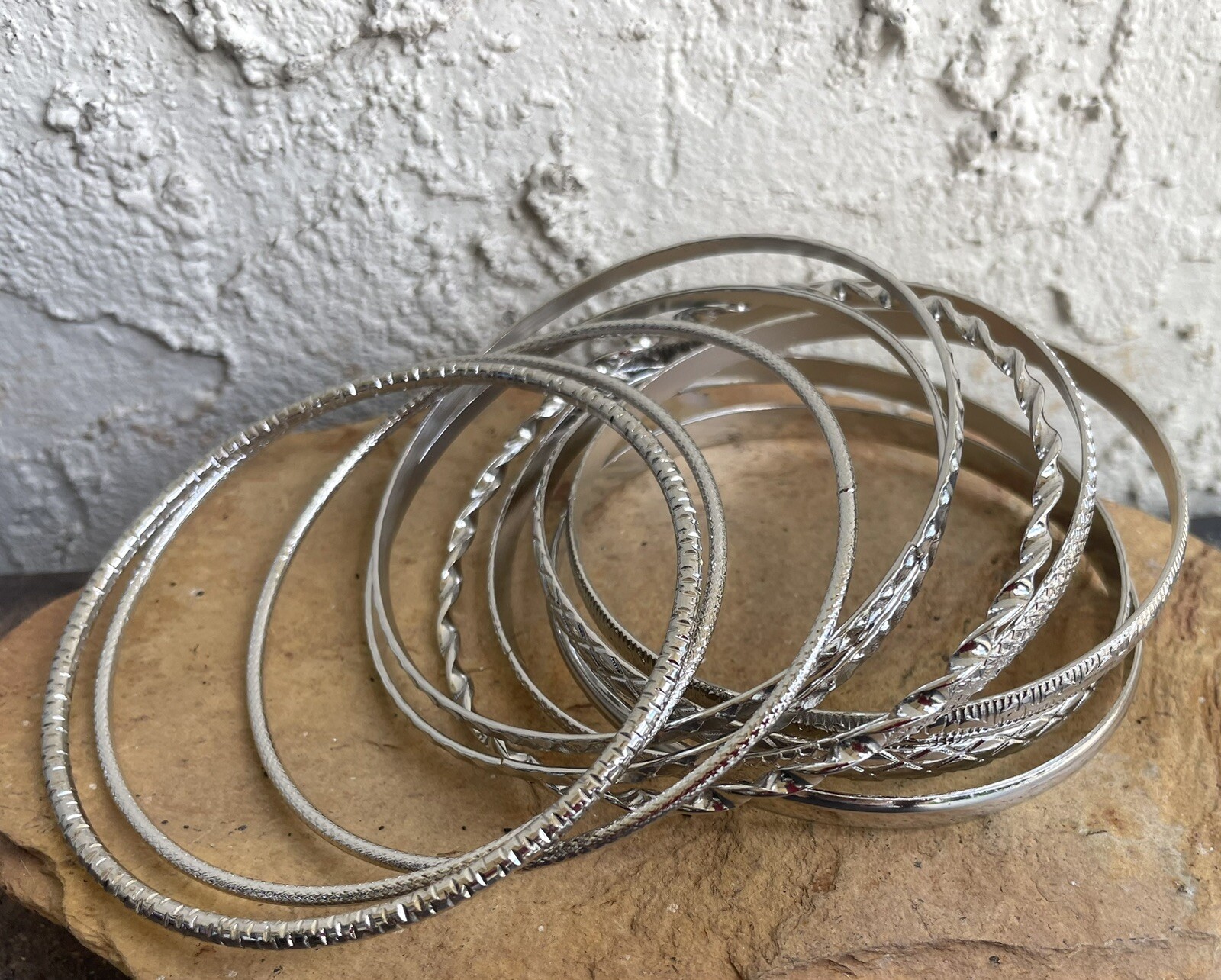 10 Bangle Silver Bracelets Stackable Adjustable Lot As Shown