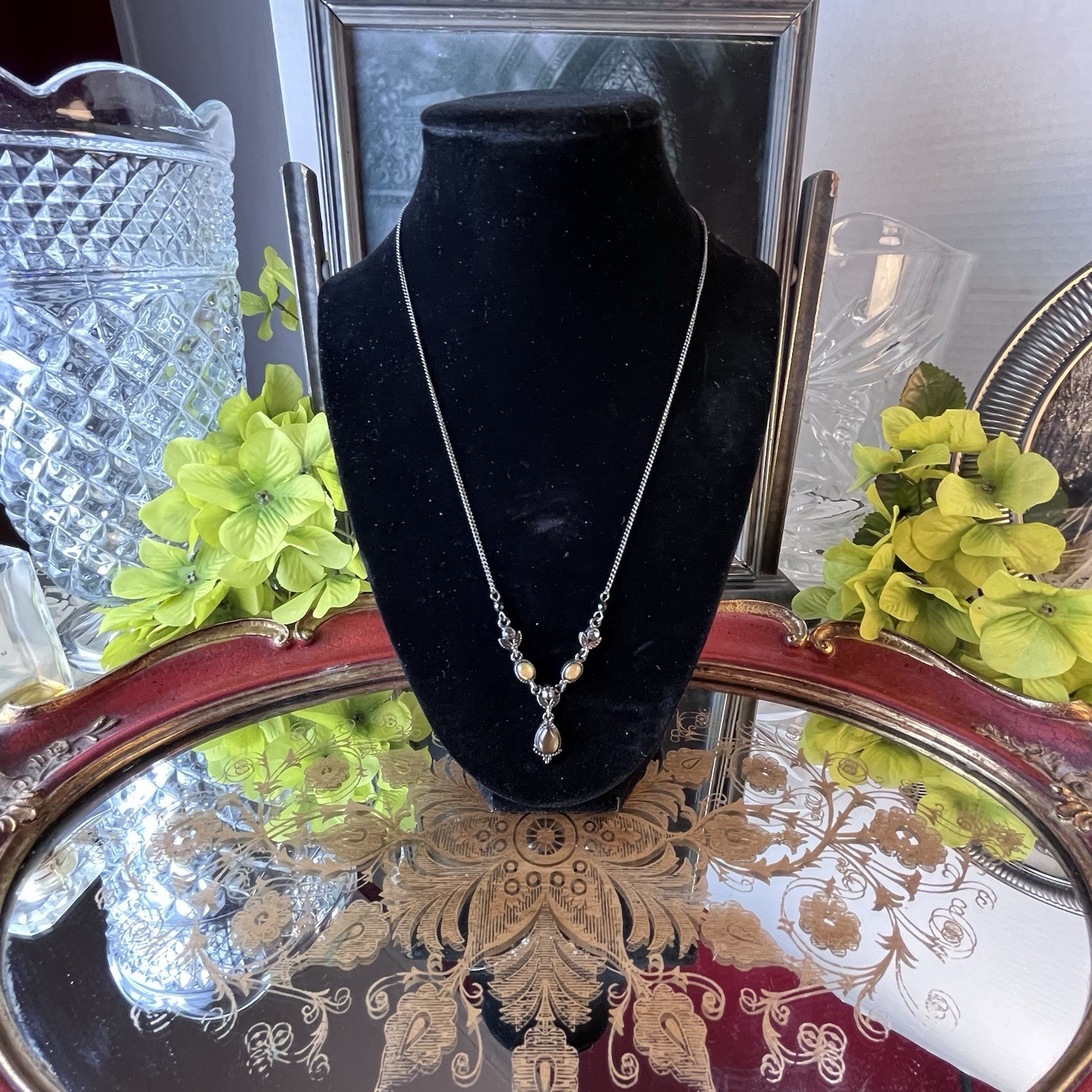 1928 Brand Gunmetal Floral Y Necklace – 15-18” – Crystal Rhinestones – Romantic