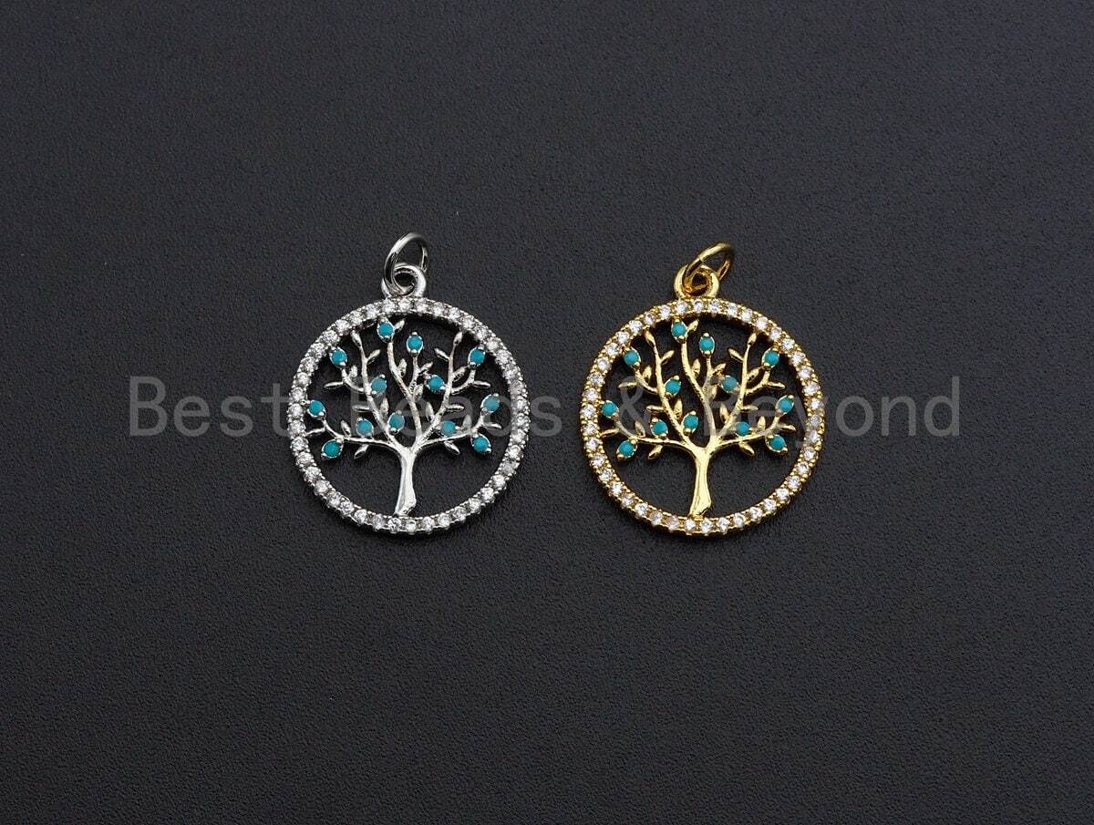 Turquoise CZ Micro Pave Hollow out Tree Round Pendant/Charm, Tree Cubic