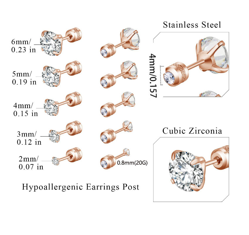 Rose Gold Prong Set CZ Stud Earrings Gem Centered Screw Back Surgical Steel