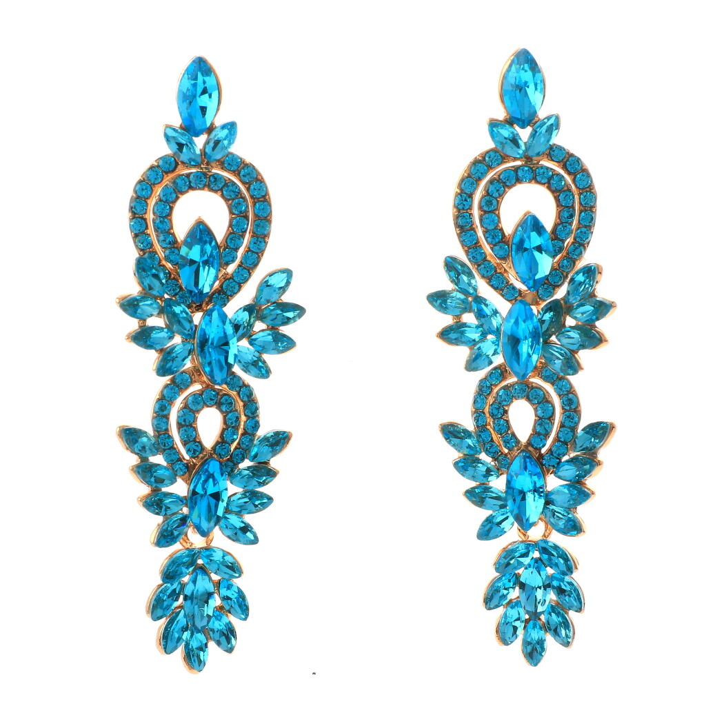Gold Tone Metal Rhinestone Dangle Post Earrings ER2582-AQU