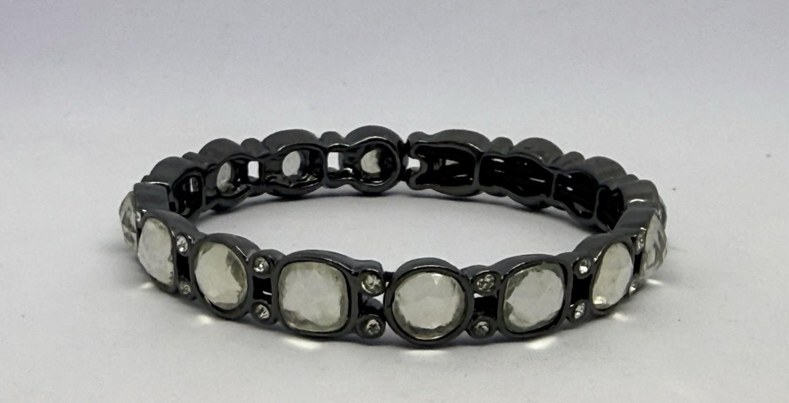 Gunmetal Gray Stretch Bracelet Faceted Moonstone Glass Stones Rhinestone Accents