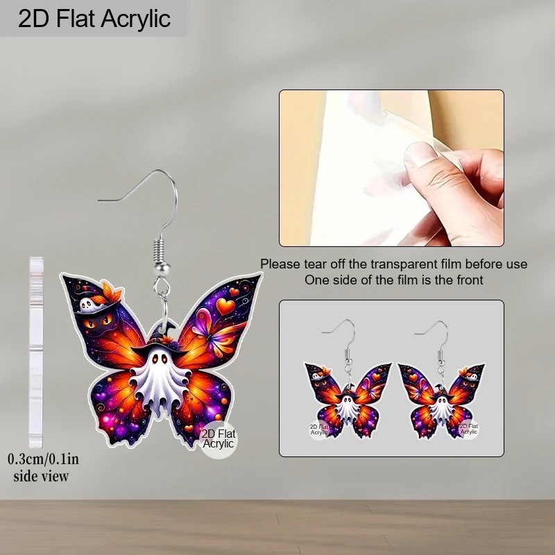 1 Pair of Women’s Halloween 2D Acrylic Butterfly Earrings with Ghost Witch Hat