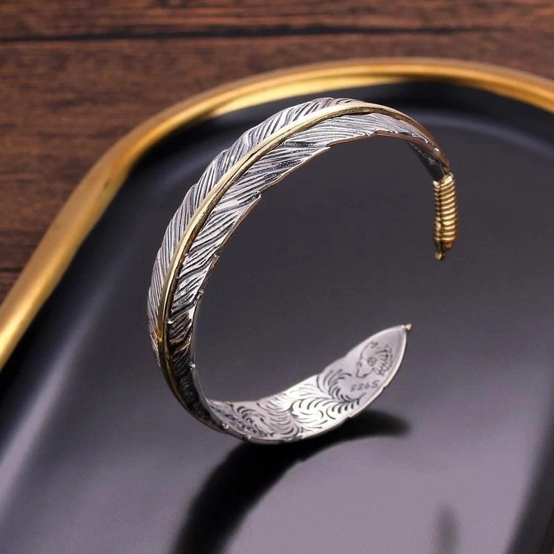 Retro Feather Cuff Bangle Two Tone Native American Style Bracelet for Men Women