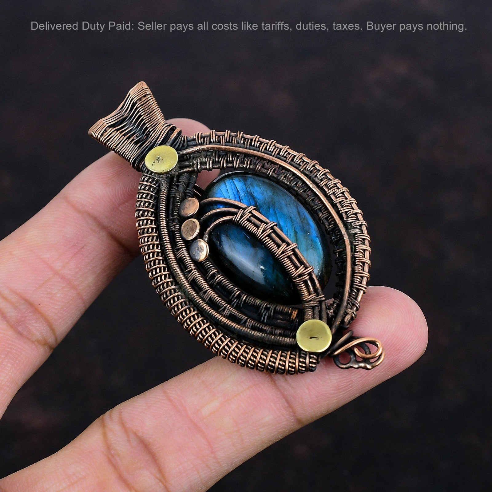 Labradorite Stone Copper Sister Wire Wrapped Birthday Third Eye Chakra Pendant